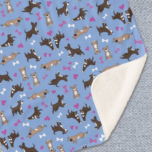 Couverture Sherpa Cute Staffy Lab Chien Blanc Bones Rose Coeurs Bleu