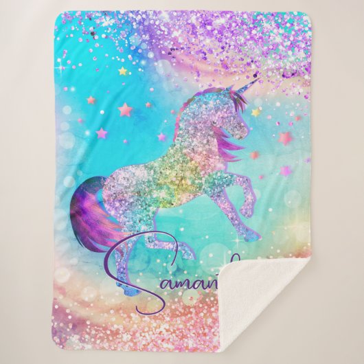 Couverture Sherpa Cute unicorn rose Parties scintillant arc-en-ciel  (Devant)