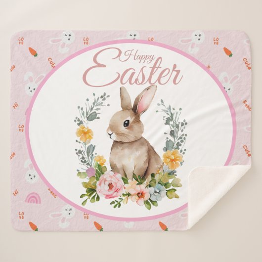 Couverture Sherpa Cute Watercolor Bunny Floral Wreath Easter (Devant (Horizontal))