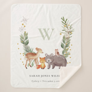 Couverture Sherpa Cute Woodland Animal Feuilleté Wreath Monogramme E