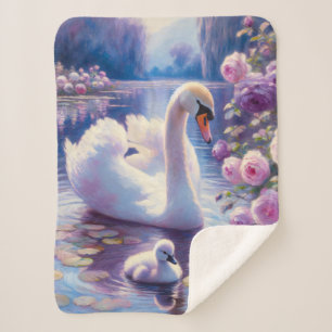 Couverture Sherpa Cygnet blanc avec Roses violets