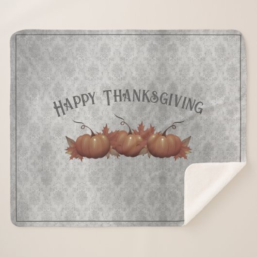 Couverture Sherpa Damask, Citrouille de Thanksgiving | Gris (Devant (Horizontal))