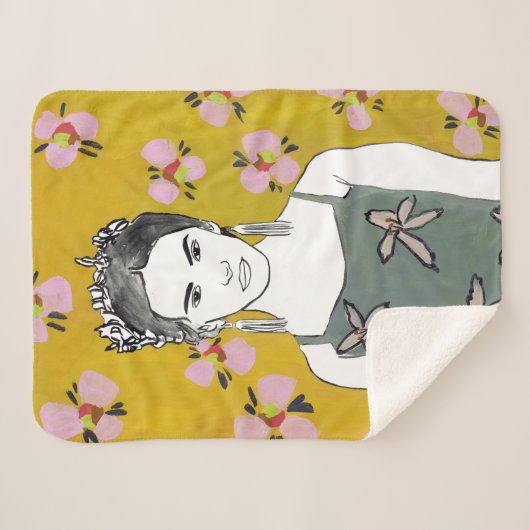 Couverture Sherpa Dame en fleurs roses - Jaune (Devant (Horizontal))