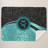 Couverture Sherpa Décor géométrique bleu turquoise et noir Damas (Devant (Horizontal))