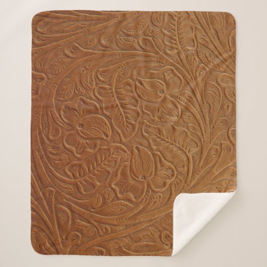 Couverture Sherpa Décor occidental cowboy floral, cuir marron foncé. (Devant)