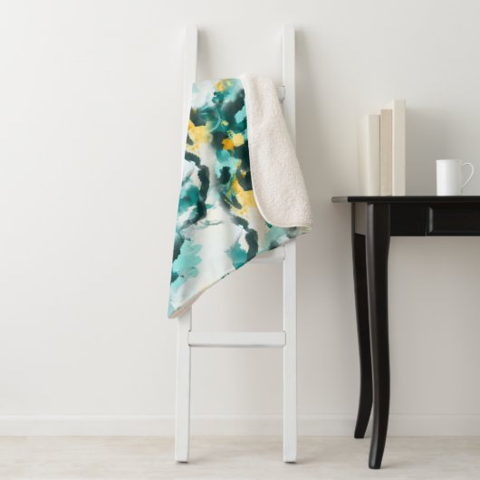 Couverture Sherpa Design Abstrait moderne Turquoise et Jaune peint (En situation)
