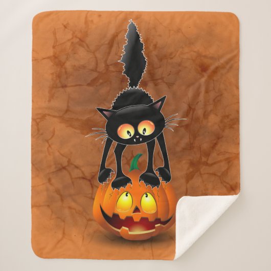 Couverture Sherpa Dessin d'Halloween au chat effrayé sur Citrouille (Devant)