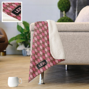 Couverture Sherpa Diamants de Jacquard rose et Brown avec initiales