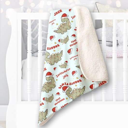 Couverture Sherpa Dinosaure de Noël Santasaurus Nom Bébé Bleu