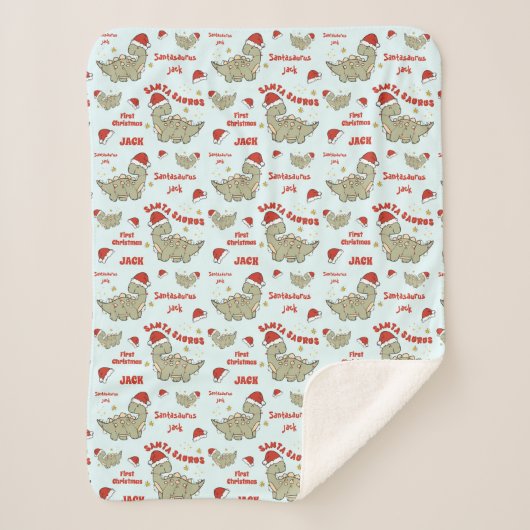 Couverture Sherpa Dinosaure de Noël Santasaurus Nom Bébé Bleu (Devant)