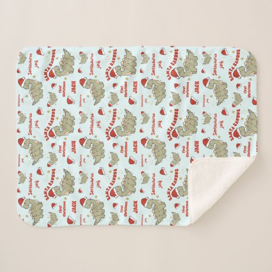 Couverture Sherpa Dinosaure de Noël Santasaurus Nom Bébé Bleu (Devant (Horizontal))