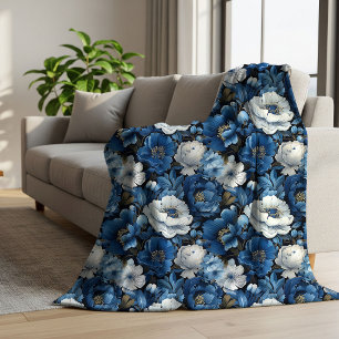 Couverture Sherpa Doux Fleece Floral Ivoire Bleu de Style Élégant