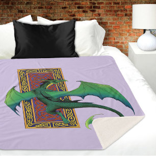 Couverture Sherpa Dragon Celtique Vert Motif Noué Fantastique Violet