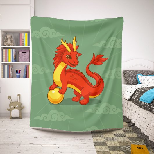 Couverture Sherpa Dragon Chinois Rouge sur Fond Vert