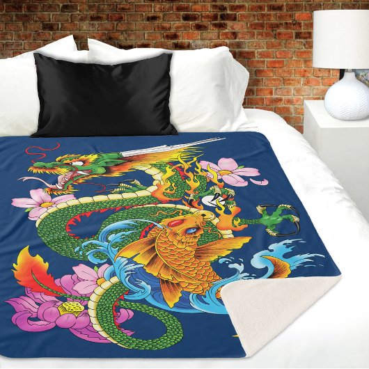 Couverture Sherpa Dragon chinois vert Koi