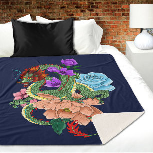 Couverture Sherpa Dragon Chinois Vert Mystique Floral Bleu Marine