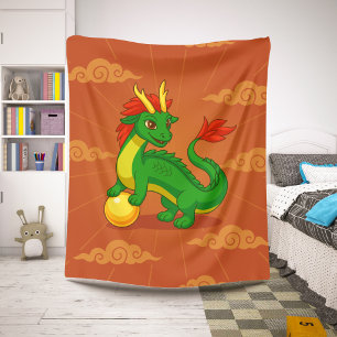 Couverture Sherpa Dragon Chinois Vert sur Fond Rouge