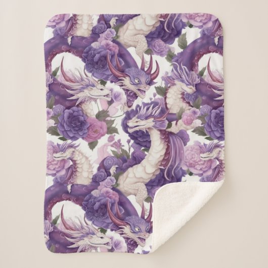 Couverture Sherpa Dragons violets et blancs et Roses (Devant)