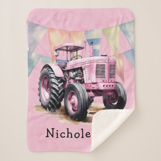 Couverture Sherpa Drapeau rose Tracteur Aquarelle fille Baby shower (Devant)