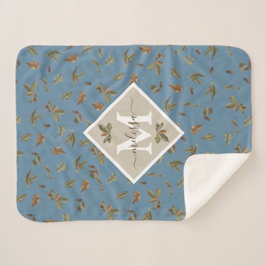 Couverture Sherpa Dusty Blue Rustic Feuilles Brown Monogramme (Devant (Horizontal))