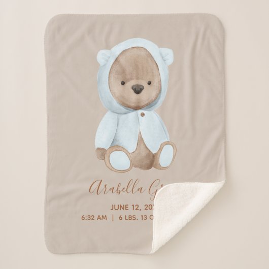 Couverture Sherpa Dusty Blue Teddy Bear Bébé statistiques de naissan (Devant)