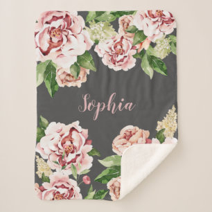Couverture Sherpa Dusty rose Peony Floral Fille Nom bébé