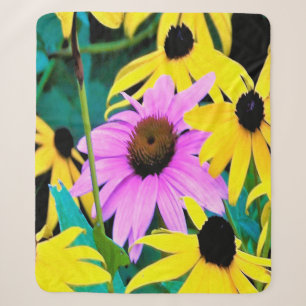 Couverture Sherpa Échinacée rose et pourpre avec des fleurs jaunes