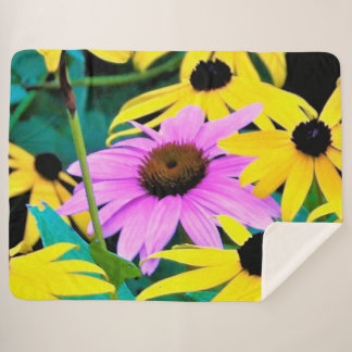 Couverture Sherpa Échinacée rose et pourpre avec fleurs jaunes