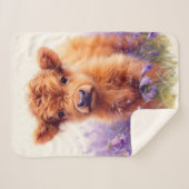 Couverture Sherpa Écossais Highland Vache Calf Violet Fleurs sauvage (Devant (Horizontal))