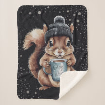 Écureuil avec tasse et neige "Stay Warm"