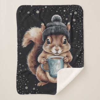 Couverture Sherpa Écureuil avec tasse et neige "Stay Warm"