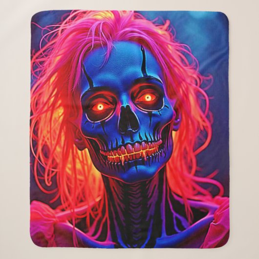 Couverture Sherpa Eerie Skeleton avec conception de cheveux roses (Devant)