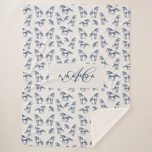 Couverture Sherpa Élégant Cheval Bleu Monogramme Cadeaux Initiaux (Devant)