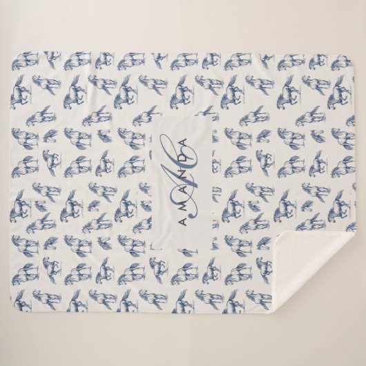 Couverture Sherpa Élégant Cheval Bleu Monogramme Cadeaux Initiaux (Devant (Horizontal))
