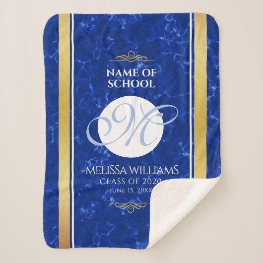 Couverture Sherpa Élégant Graduation Monogramme Bleu Marbre Or Huile (Devant)