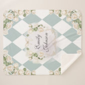 Couverture Sherpa Elegant Monogram White Roses Green Leaves Diamond (Devant (Horizontal))