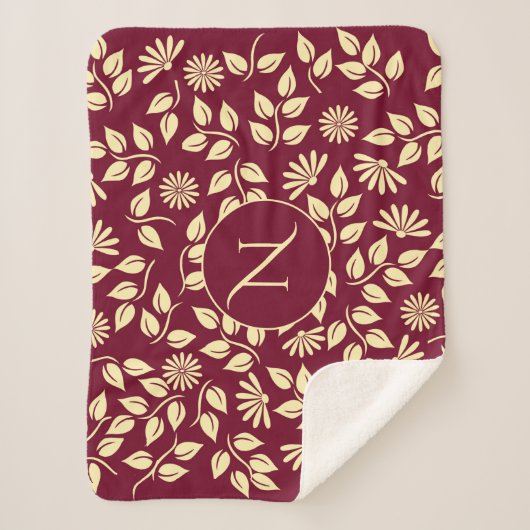 Couverture Sherpa Élégant Monogramme Feuille Motif Bourgogne (Devant)