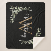 Couverture Sherpa Élégant monogramme noir or feuillage (Devant)