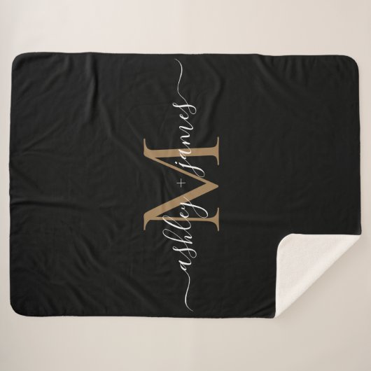 Couverture Sherpa Élégant Monogramme Noms de script Black Gold Newly (Devant (Horizontal))