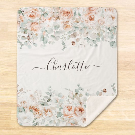 Couverture Sherpa Élégant Monogramme Rustique Rose Floral Verdure