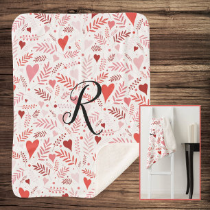 Couverture Sherpa Élégant Motif de Coeur Rouge Rose Monogramme Val