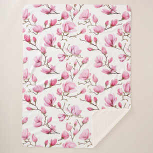 Couverture Sherpa Élégant motif magnolia rose