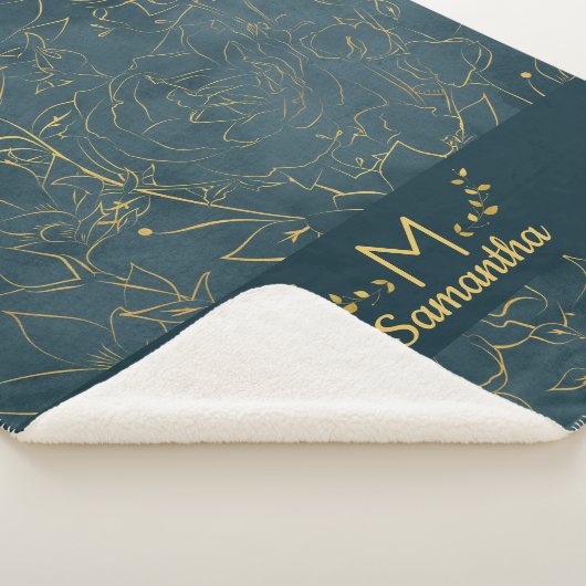 Couverture Sherpa Élégant noir Turquoise bleu & or huile florale Mon (3/4)