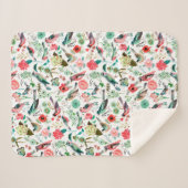 Couverture Sherpa Élégant rose et vert motif Fleurs et oiseaux (Devant (Horizontal))