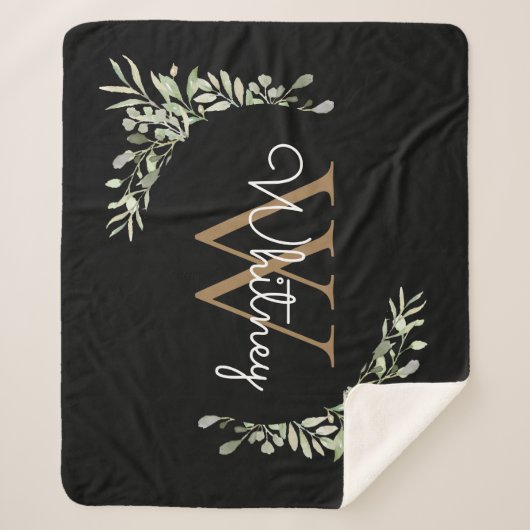 Couverture Sherpa Élégant Script Black Gold Monogramme Verdure (Devant)