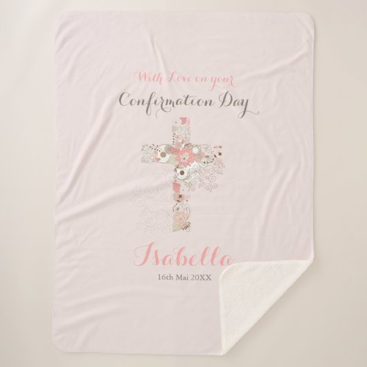 Couverture Sherpa Elégante confirmation rose pâle nom croisé floral (Devant)