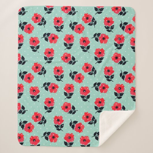 Couverture Sherpa Elégante Fleurs rouges Aqua Blue Motif Pois (Devant)