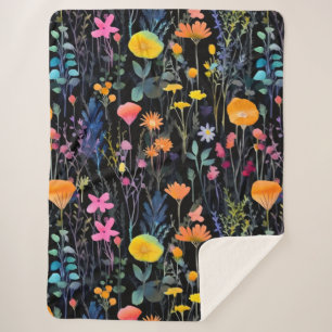 Couverture Sherpa Élégantes fleurs sauvages colorées noir aquarelle