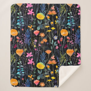 Couverture Sherpa Élégantes fleurs sauvages colorées noir aquarelle