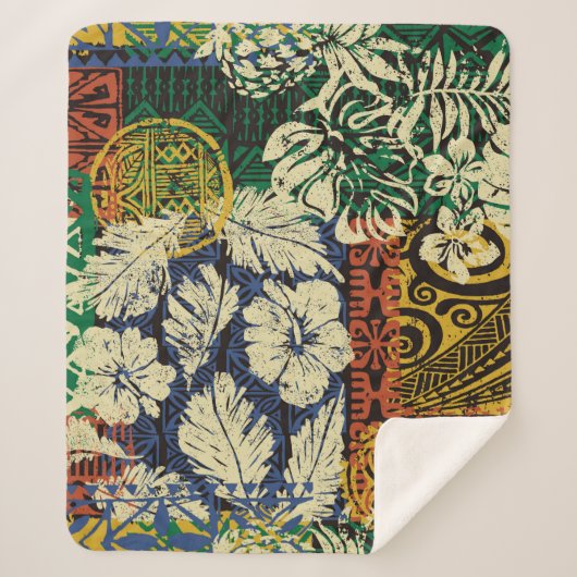 Couverture Sherpa Éléments tribaux hawaïens et tissu hibiscus (Devant)